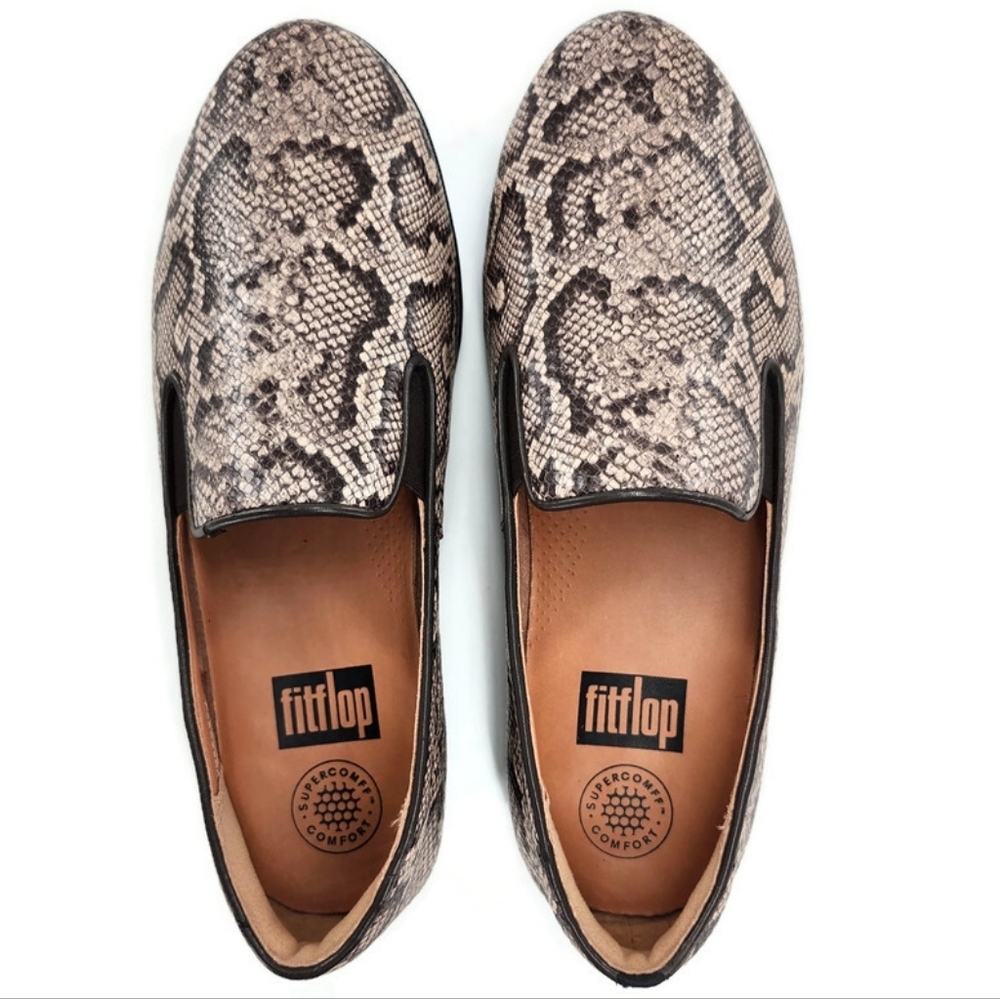 Fitflop Superskate Taupe Beige & Grey Snake Print Leather Slip-On Loafers - Picture 6 of 13